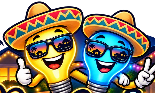The two Glowmigos bulb characters celebrating.